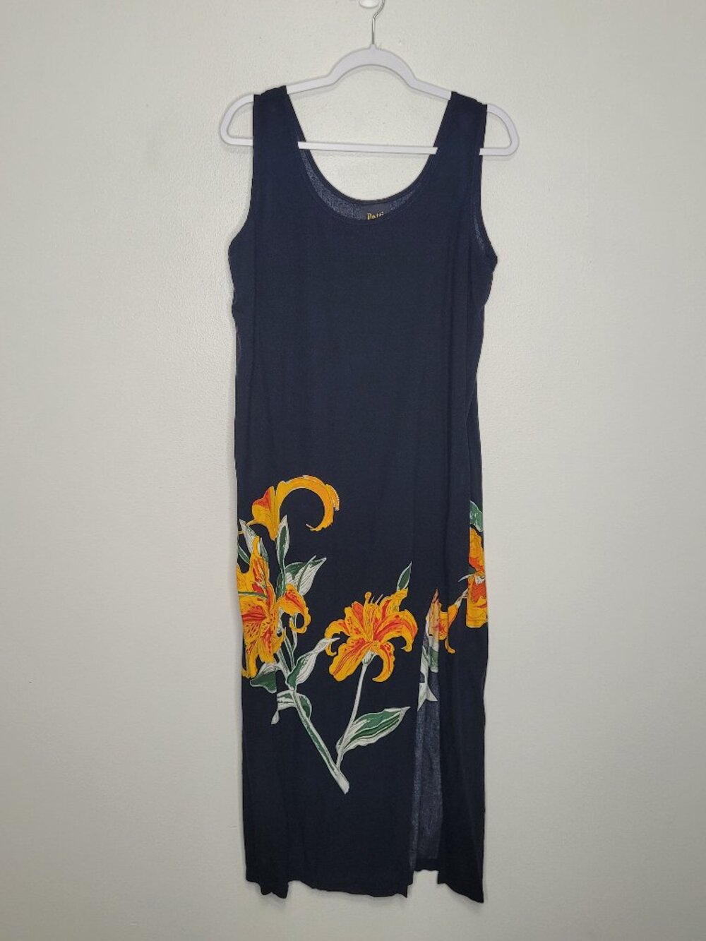 Dottie black orange tropical flower print vacation side slit sleeveless dress m